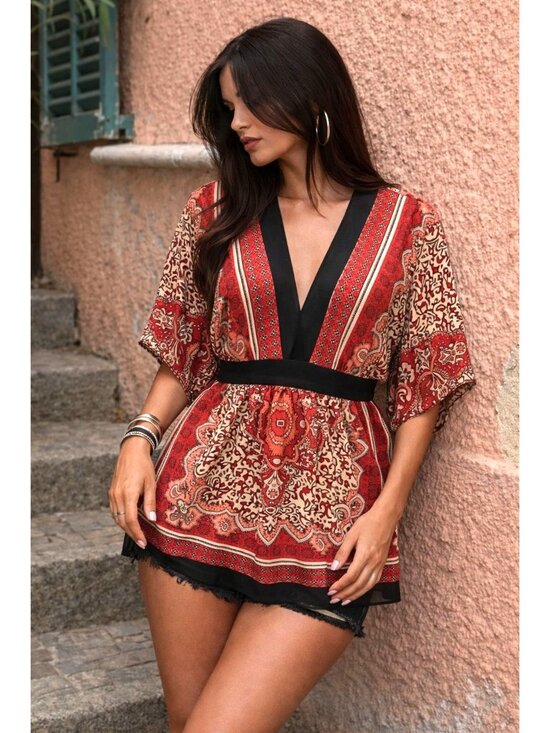 Forever 21 Contemporary Tops - Forever 21 Size S Red Black Paisley Empire Waist Tunic Top Boho Festival Romance